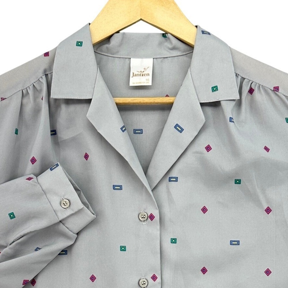 VTG 70's Jantzen Womens Grey Geometric Print Button Up Blouse Long Sleeve 16/XL